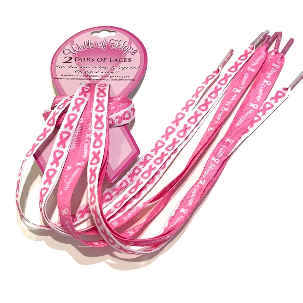 Breast Cancer Awareness Shoelaces 2 Pair Pink and White Ribbon